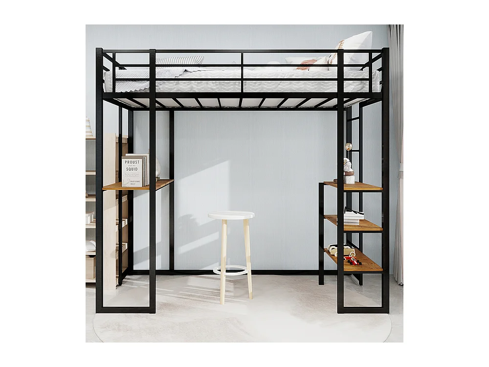 Lit mezzanine 90x190 avec lit table enfants adolescents bureau L garde-corps escalier accès deux côtés noir