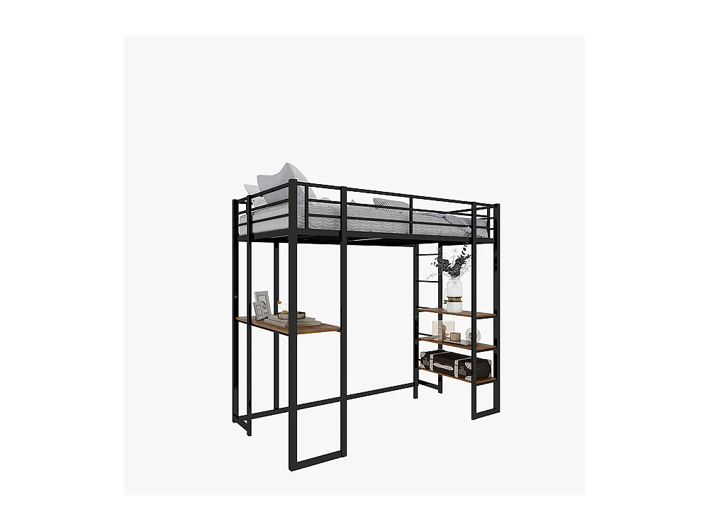 Lit mezzanine 90x190 avec lit table enfants adolescents bureau L garde-corps escalier accès deux côtés noir