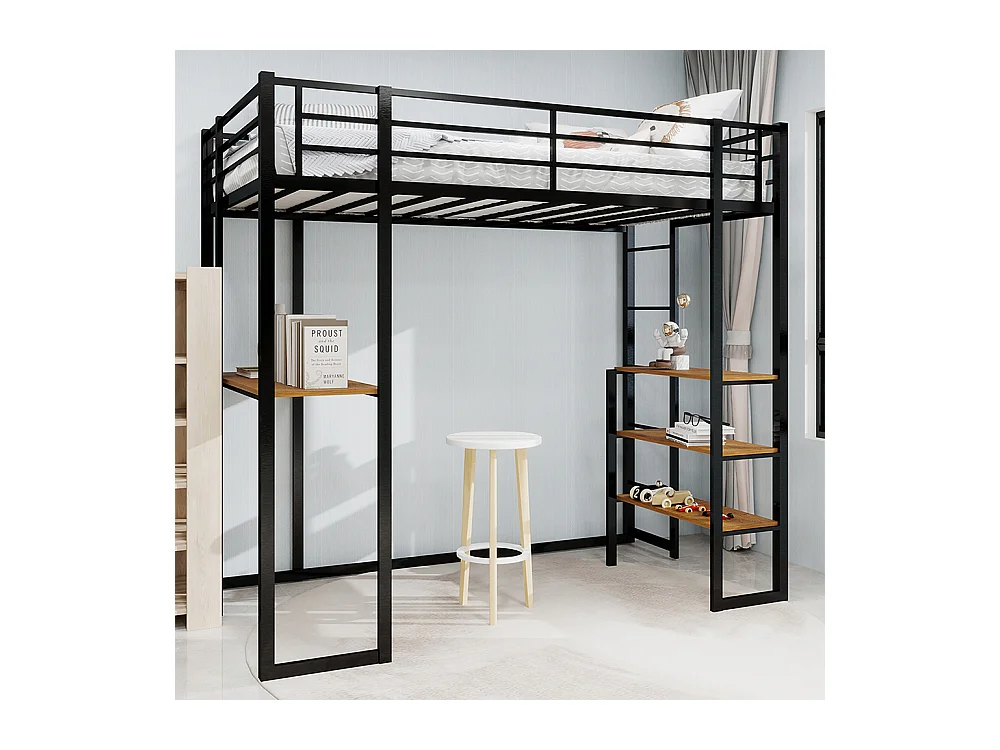 Lit mezzanine 90x190 avec lit table enfants adolescents bureau L garde-corps escalier accès deux côtés noir