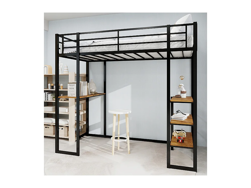 Lit mezzanine 90x190 avec lit table enfants adolescents bureau L garde-corps escalier accès deux côtés noir