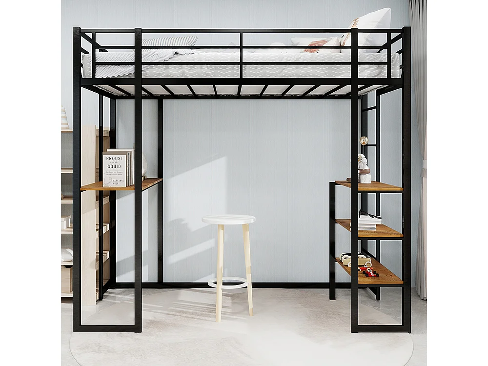 Lit mezzanine 90x190 avec lit table enfants adolescents bureau L garde-corps escalier accès deux côtés noir