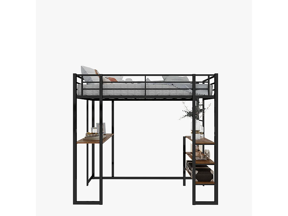 Lit mezzanine 90x190 avec lit table enfants adolescents bureau L garde-corps escalier accès deux côtés noir