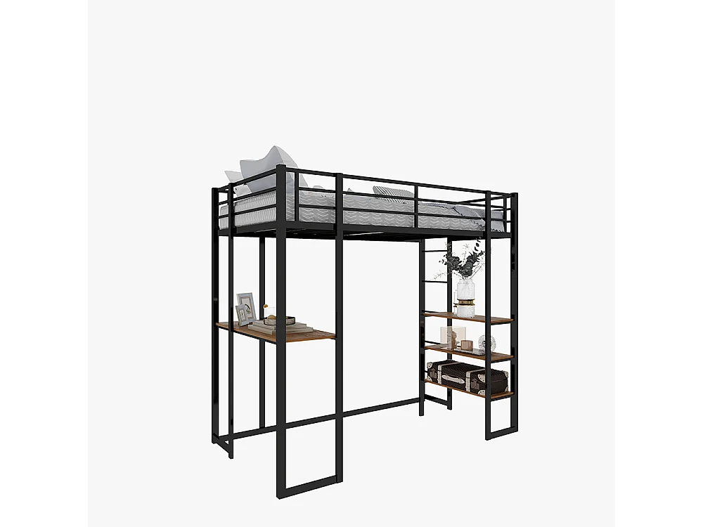 Lit mezzanine 90x190 avec lit table enfants adolescents bureau L garde-corps escalier accès deux côtés noir