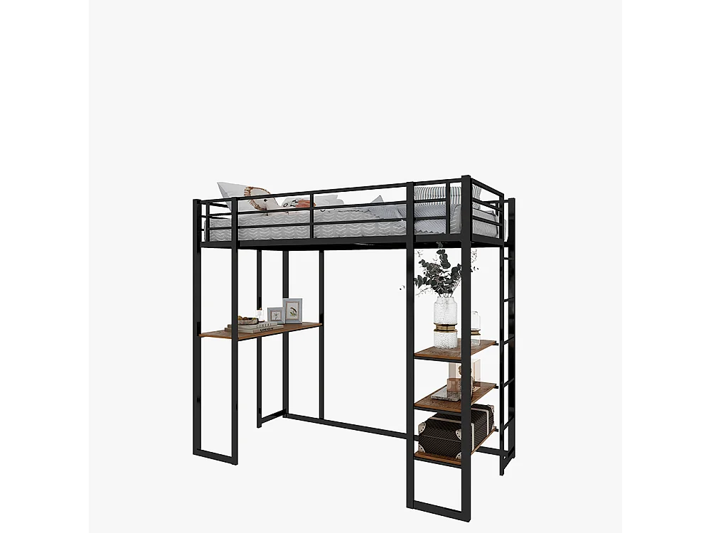 Lit mezzanine 90x190 avec lit table enfants adolescents bureau L garde-corps escalier accès deux côtés noir