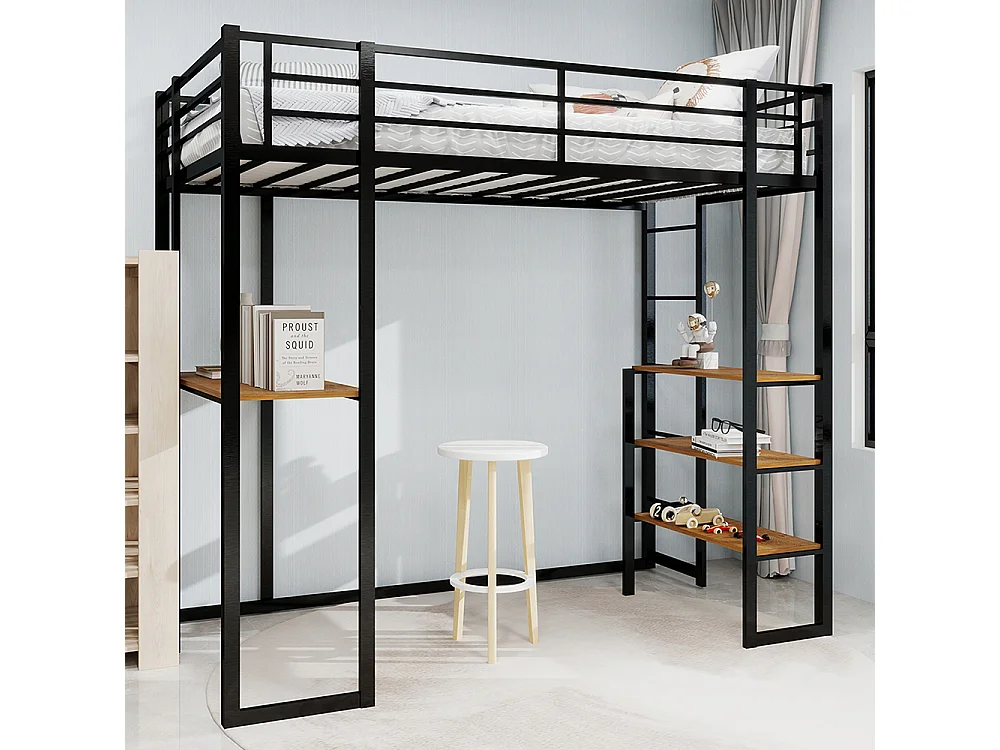 Lit mezzanine 90x190 avec lit table enfants adolescents bureau L garde-corps escalier accès deux côtés noir