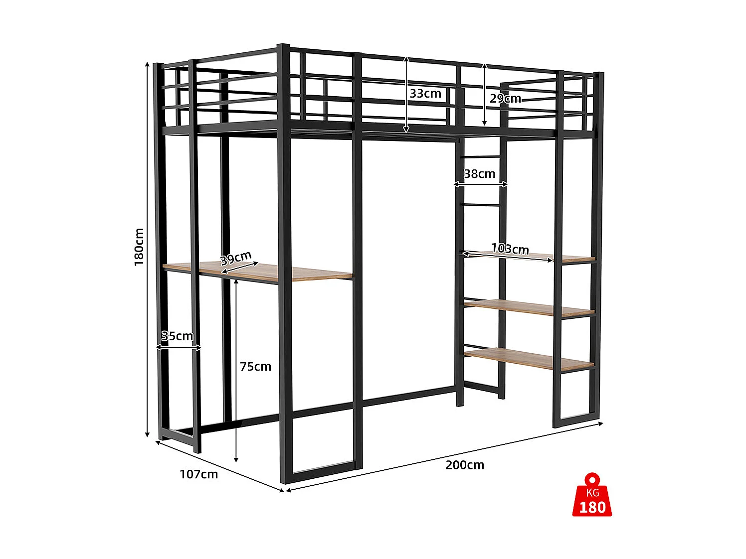 Lit mezzanine 90x190 avec lit table enfants adolescents bureau L garde-corps escalier accès deux côtés noir