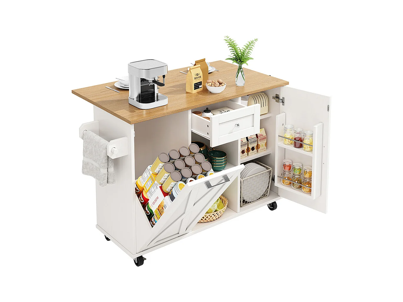 Buffet de cuisine moderne poubelles table à manger multifonctionnelle espace rangement chariot service étagères snacks armoires extensibles blanc