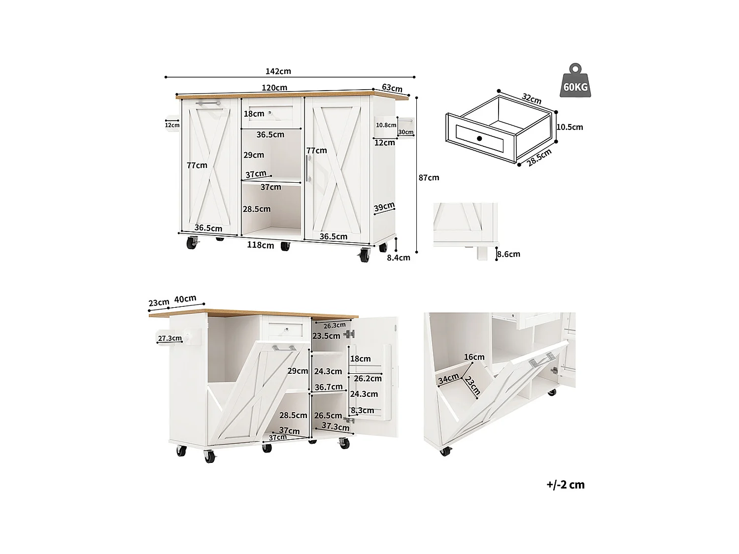 Buffet de cuisine moderne poubelles table à manger multifonctionnelle espace rangement chariot service étagères snacks armoires extensibles blanc
