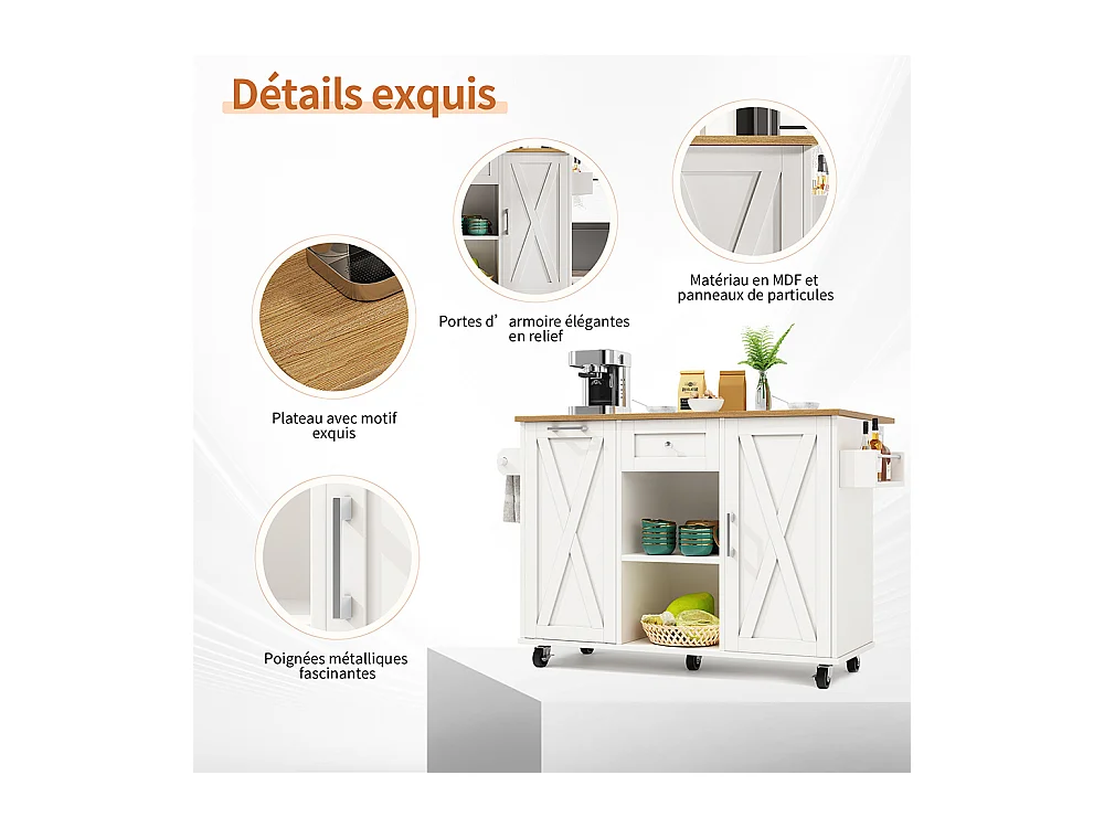 Buffet de cuisine moderne poubelles table à manger multifonctionnelle espace rangement chariot service étagères snacks armoires extensibles blanc