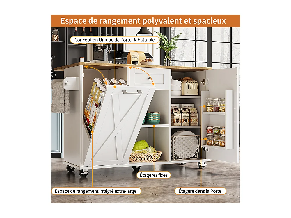Buffet de cuisine moderne poubelles table à manger multifonctionnelle espace rangement chariot service étagères snacks armoires extensibles blanc