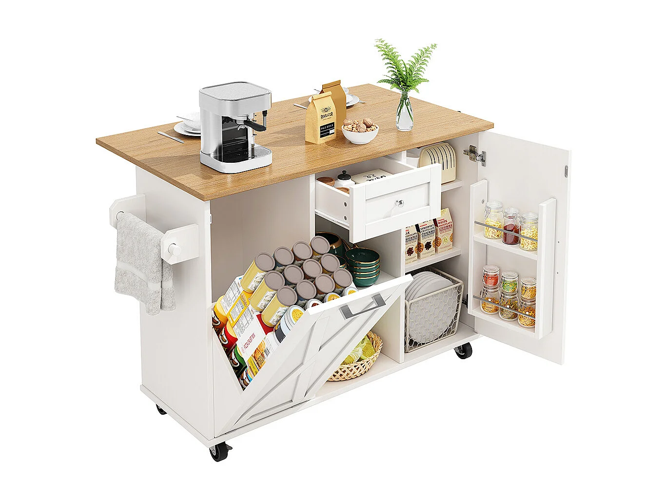 Buffet de cuisine moderne poubelles table à manger multifonctionnelle espace rangement chariot service étagères snacks armoires extensibles blanc