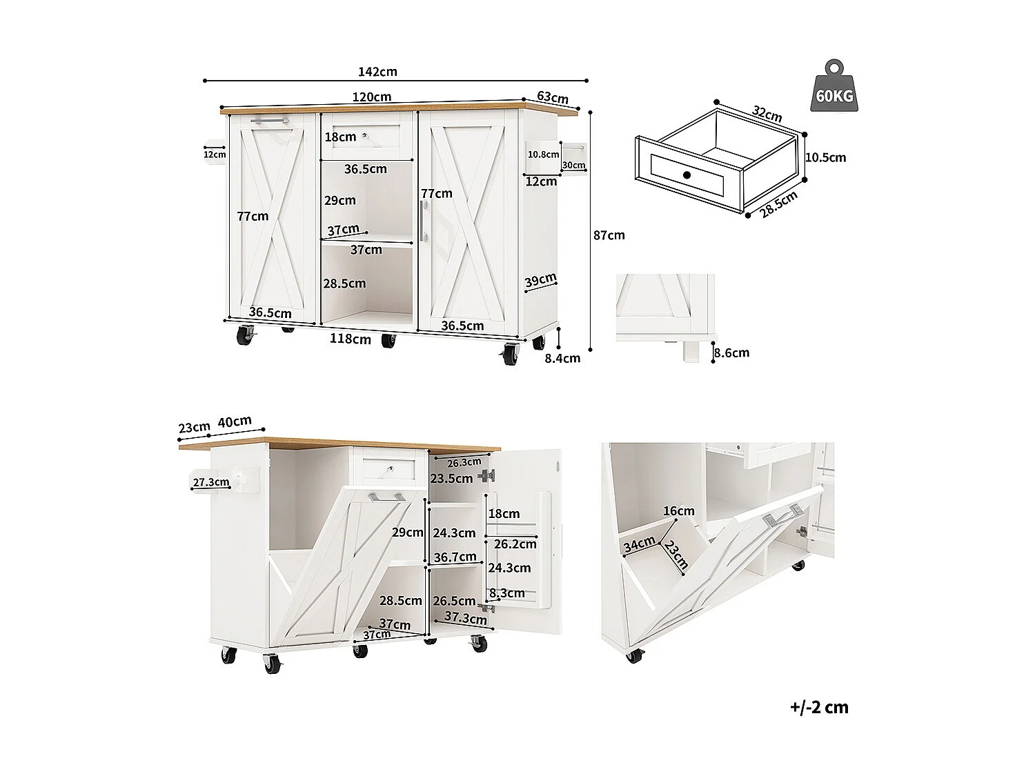 Buffet de cuisine moderne poubelles table à manger multifonctionnelle espace rangement chariot service étagères snacks armoires extensibles blanc