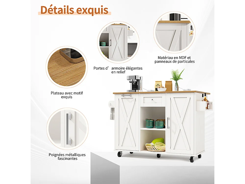 Buffet de cuisine moderne poubelles table à manger multifonctionnelle espace rangement chariot service étagères snacks armoires extensibles blanc