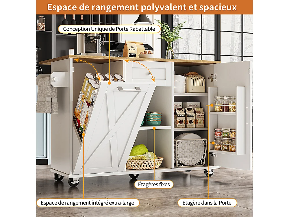 Buffet de cuisine moderne poubelles table à manger multifonctionnelle espace rangement chariot service étagères snacks armoires extensibles blanc