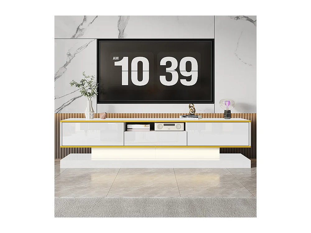Meuble TV moderne LED avec 3 tiroirs et un compartiment ouvert brillant blanc+or
