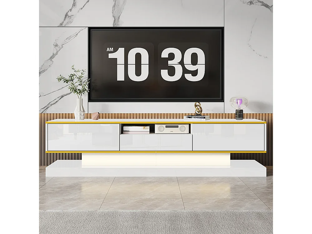 Meuble TV moderne LED avec 3 tiroirs et un compartiment ouvert brillant blanc+or
