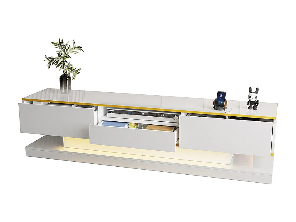 Meuble TV moderne LED avec 3 tiroirs et un compartiment ouvert brillant blanc+or