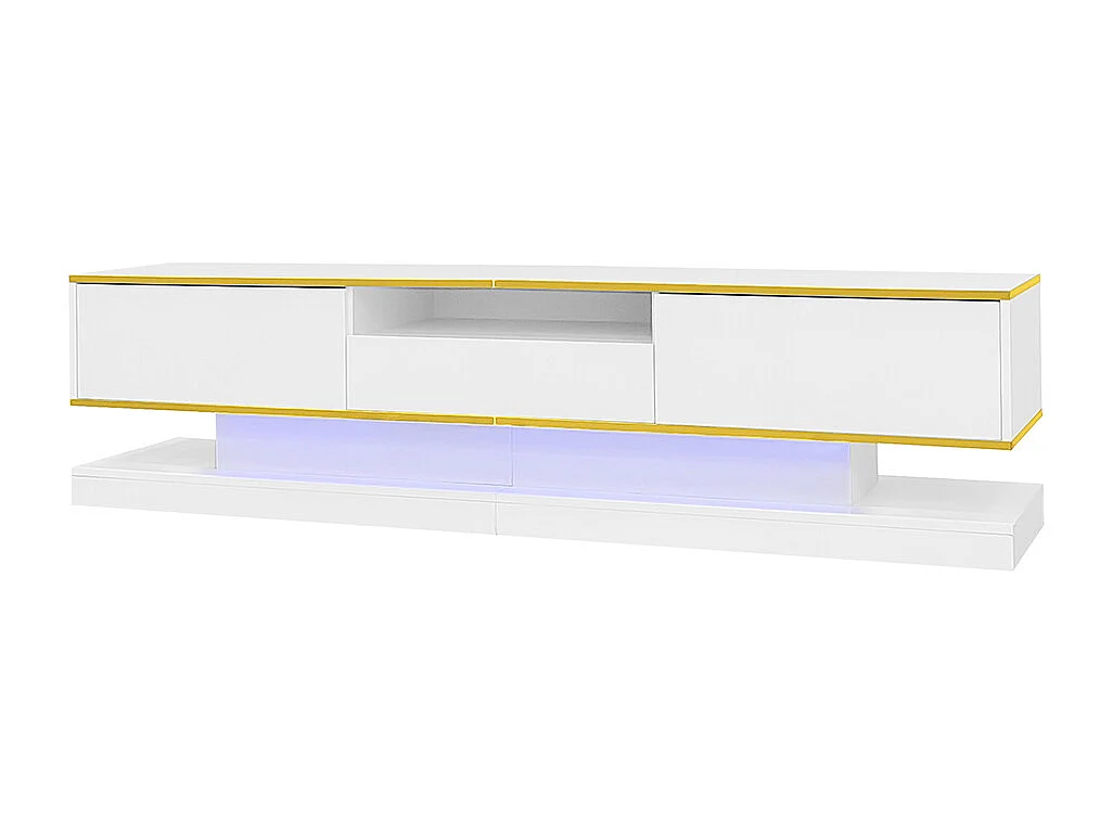 Meuble TV moderne LED avec 3 tiroirs et un compartiment ouvert brillant blanc+or
