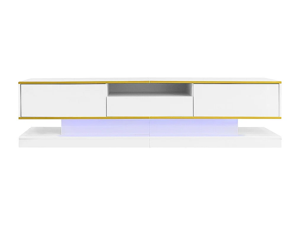Meuble TV moderne LED avec 3 tiroirs et un compartiment ouvert brillant blanc+or