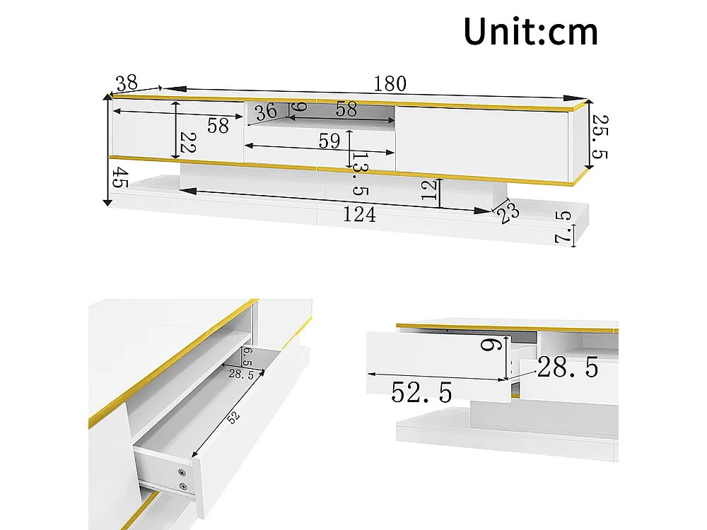 Meuble TV moderne LED avec 3 tiroirs et un compartiment ouvert brillant blanc+or