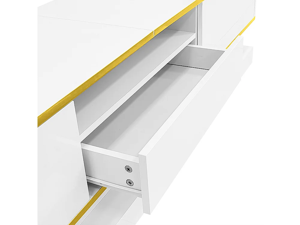 Meuble TV moderne LED avec 3 tiroirs et un compartiment ouvert brillant blanc+or