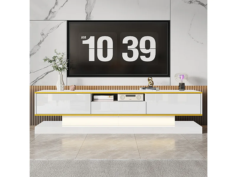 Meuble TV moderne LED avec 3 tiroirs et un compartiment ouvert brillant blanc+or