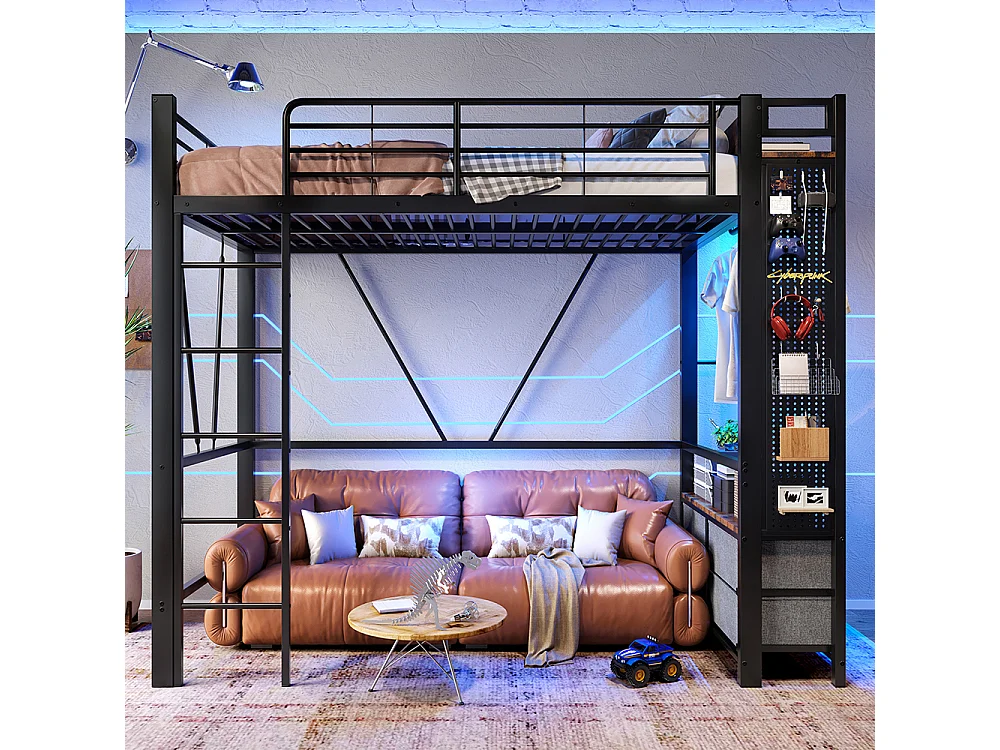 Lit mezzanine 90x200 cm cadre fer sèche-linge étagères 4 tiroirs prise USB+TYPE-C bande LED garde-corps échelle planche à trous sans matelas noir