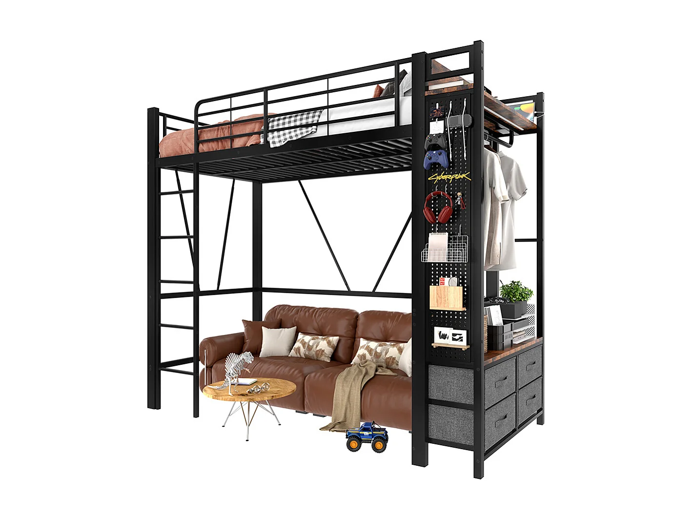 Lit mezzanine 90x200 cm cadre fer sèche-linge étagères 4 tiroirs prise USB+TYPE-C bande LED garde-corps échelle planche à trous sans matelas noir