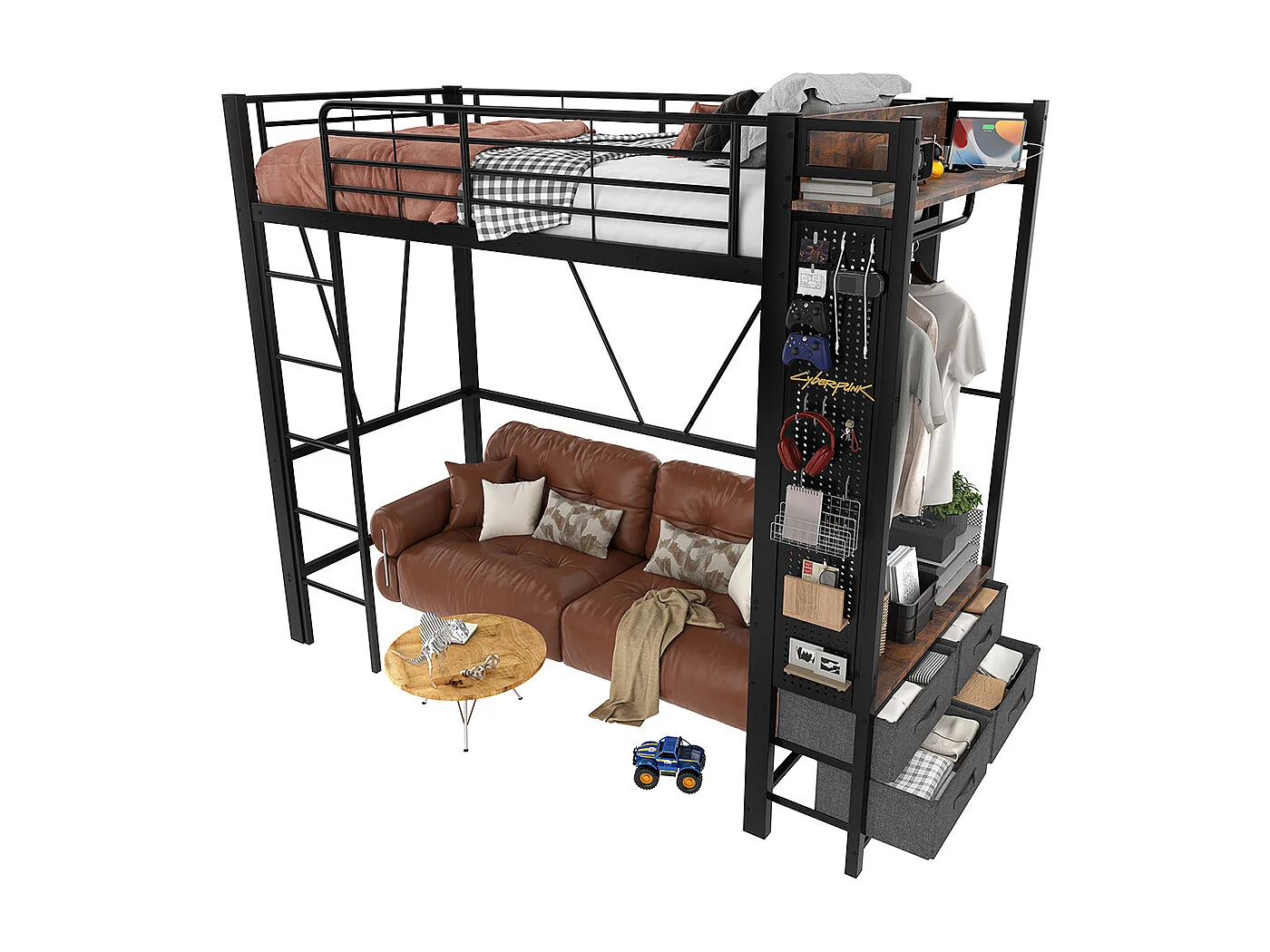 Lit mezzanine 90x200 cm cadre fer sèche-linge étagères 4 tiroirs prise USB+TYPE-C bande LED garde-corps échelle planche à trous sans matelas noir