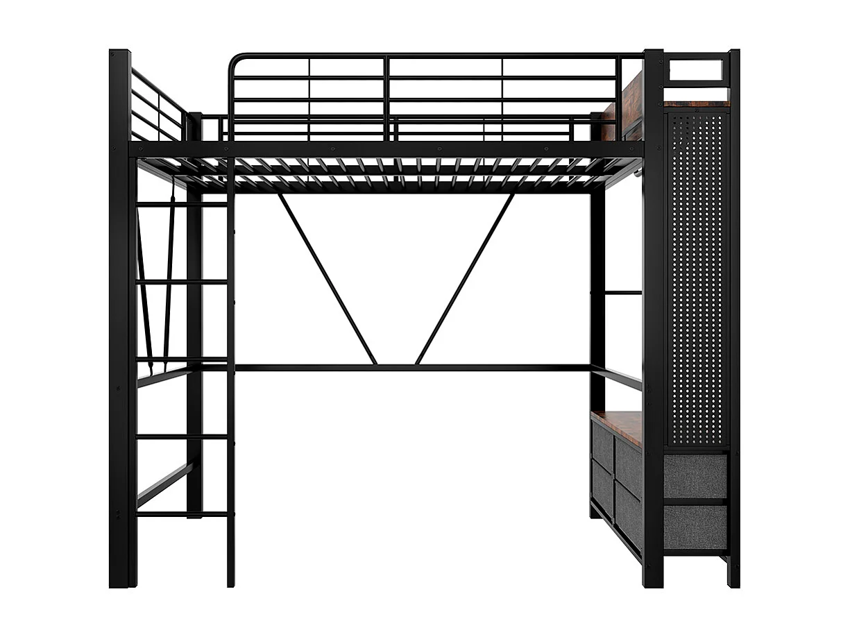 Lit mezzanine 90x200 cm cadre fer sèche-linge étagères 4 tiroirs prise USB+TYPE-C bande LED garde-corps échelle planche à trous sans matelas noir