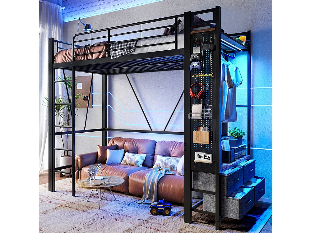 Lit mezzanine 90x200 cm cadre fer sèche-linge étagères 4 tiroirs prise USB+TYPE-C bande LED garde-corps échelle planche à trous sans matelas noir