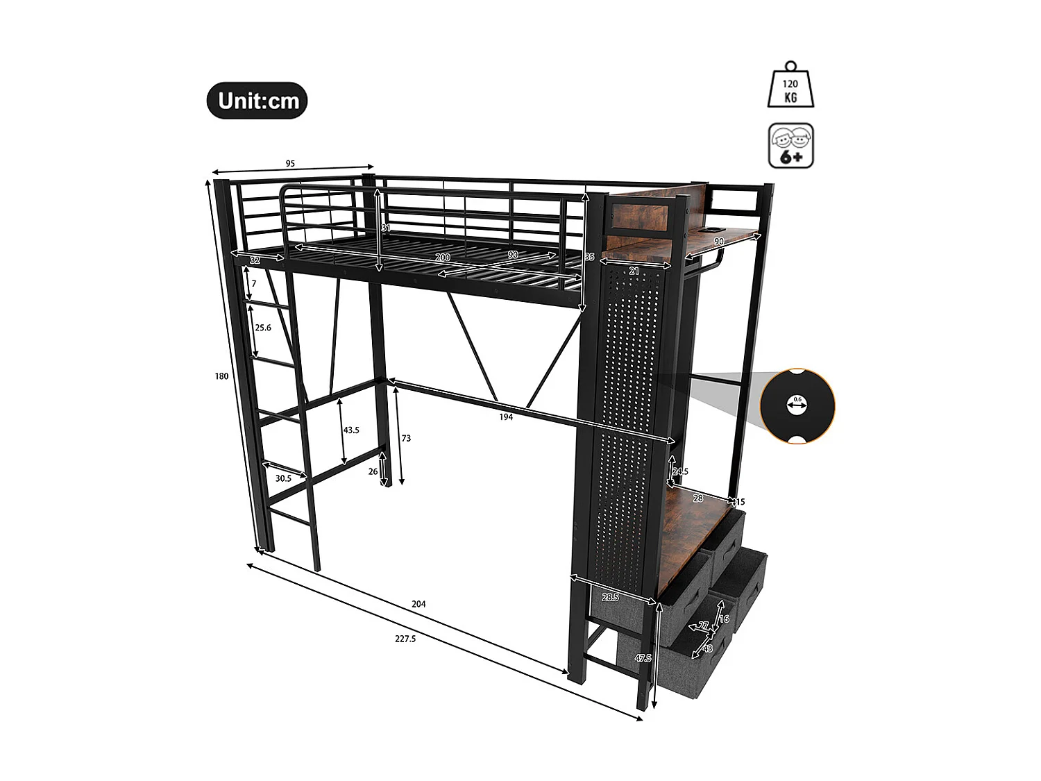Lit mezzanine 90x200 cm cadre fer sèche-linge étagères 4 tiroirs prise USB+TYPE-C bande LED garde-corps échelle planche à trous sans matelas noir