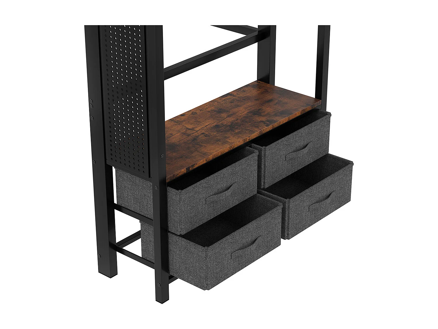 Lit mezzanine 90x200 cm cadre fer sèche-linge étagères 4 tiroirs prise USB+TYPE-C bande LED garde-corps échelle planche à trous sans matelas noir
