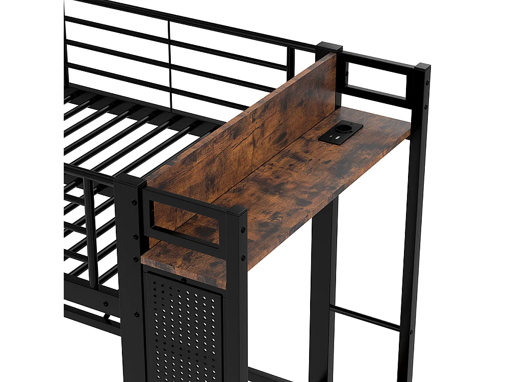 Lit mezzanine 90x200 cm cadre fer sèche-linge étagères 4 tiroirs prise USB+TYPE-C bande LED garde-corps échelle planche à trous sans matelas noir