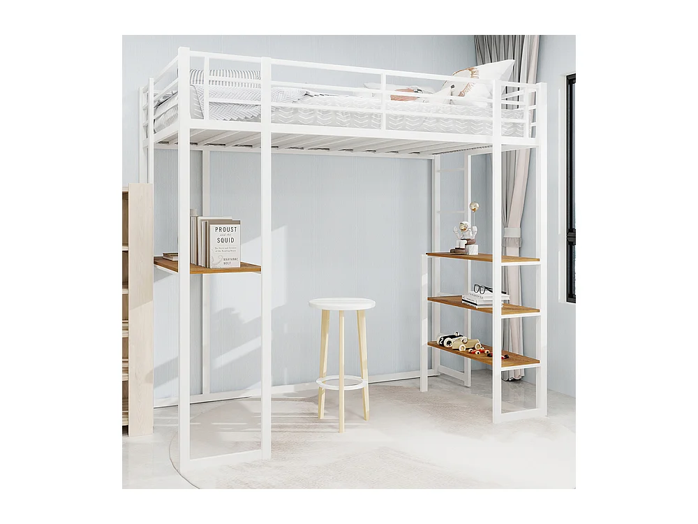 Lit mezzanine 90x190 avec lit table enfants adolescents bureau L garde-corps escalier accès deux côtés blanc