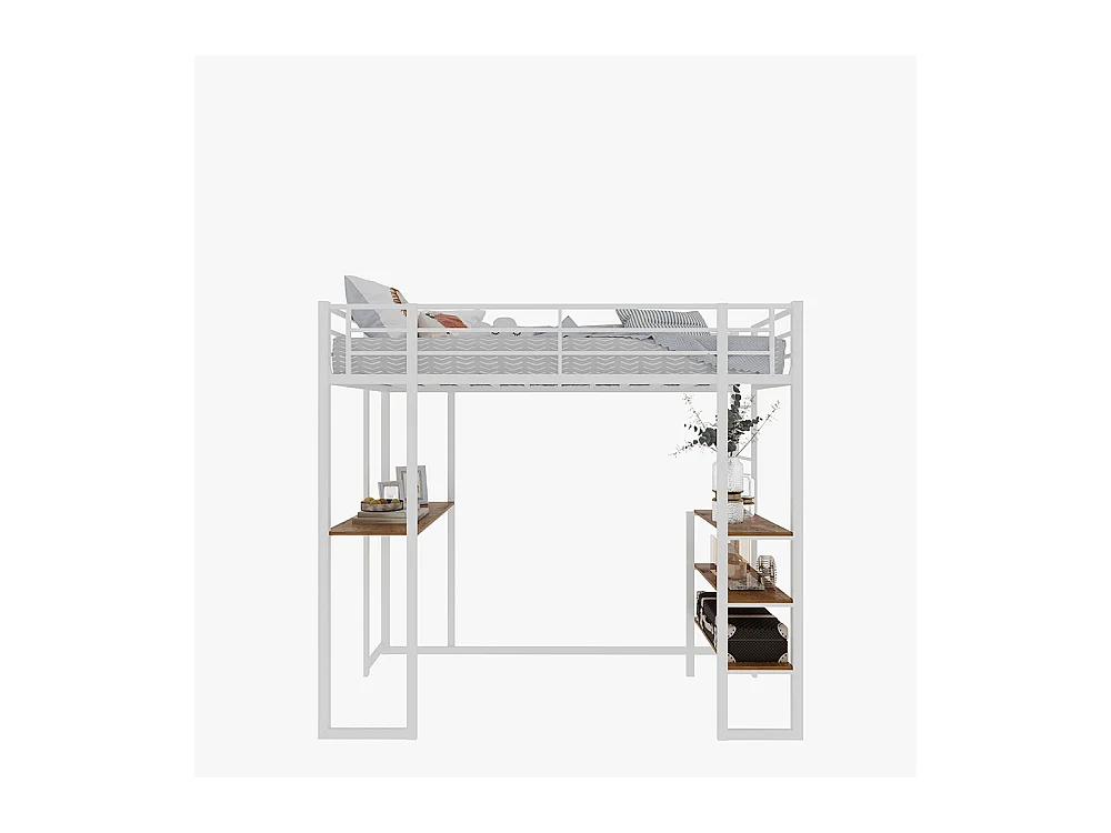 Lit mezzanine 90x190 avec lit table enfants adolescents bureau L garde-corps escalier accès deux côtés blanc