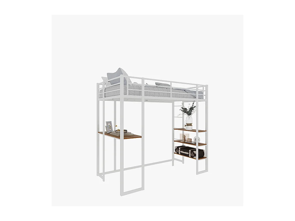Lit mezzanine 90x190 avec lit table enfants adolescents bureau L garde-corps escalier accès deux côtés blanc