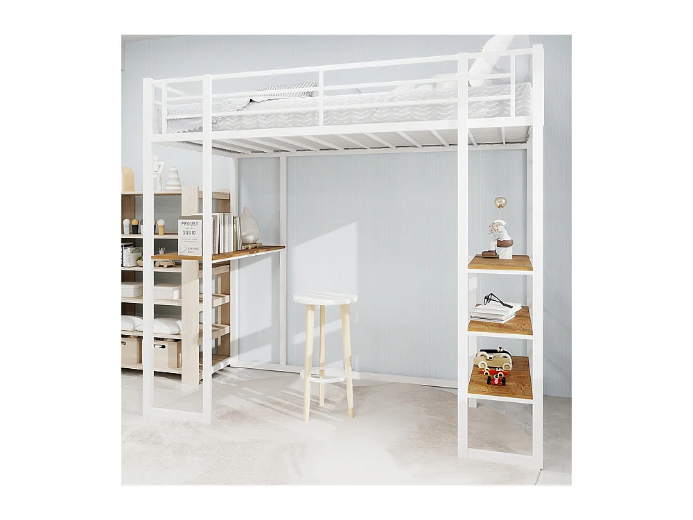 Lit mezzanine 90x190 avec lit table enfants adolescents bureau L garde-corps escalier accès deux côtés blanc