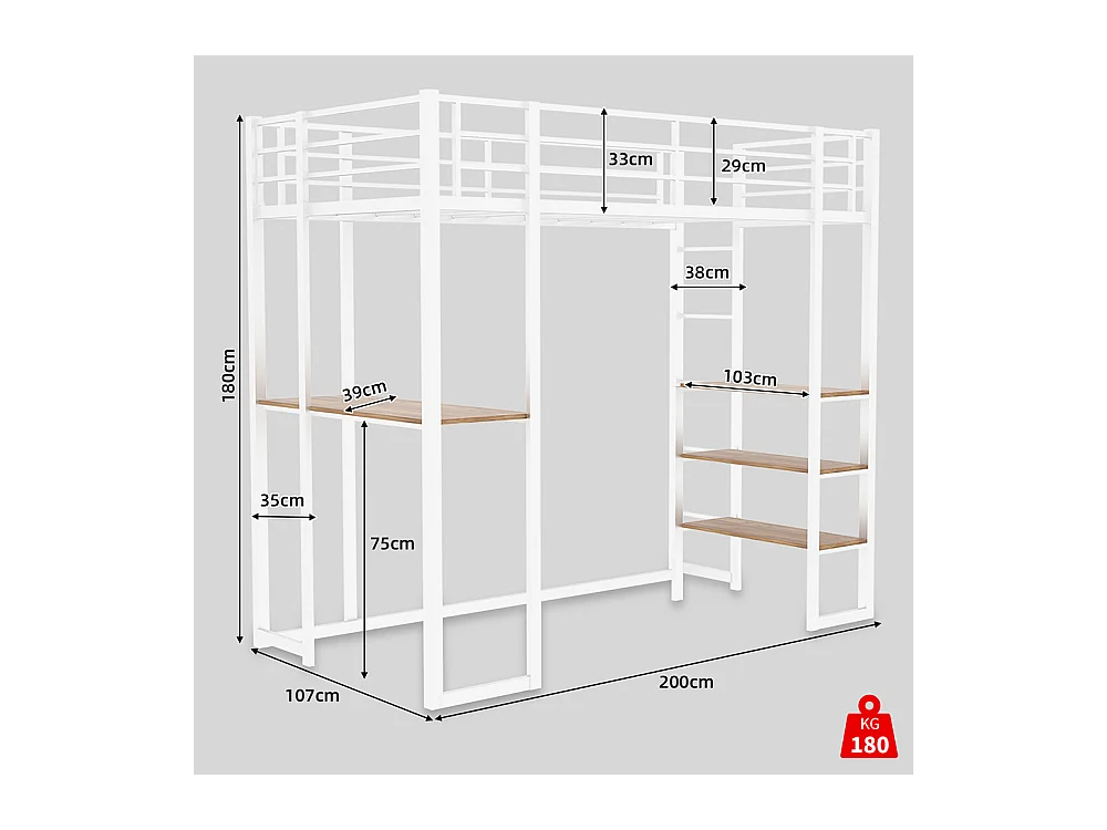 Lit mezzanine 90x190 avec lit table enfants adolescents bureau L garde-corps escalier accès deux côtés blanc