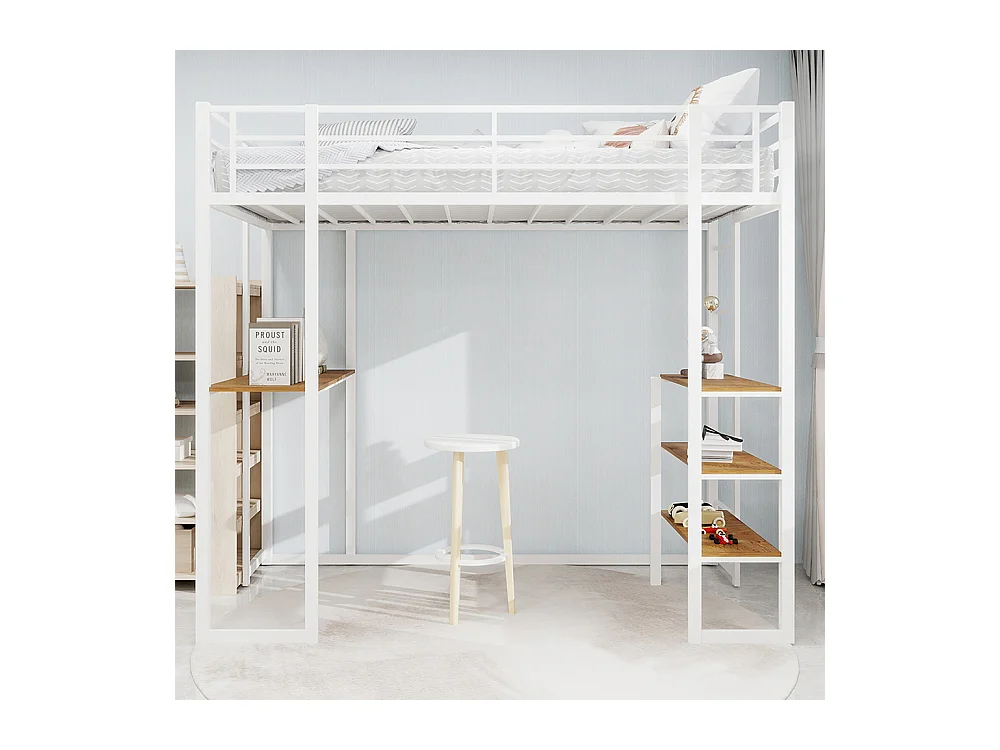 Lit mezzanine 90x190 avec lit table enfants adolescents bureau L garde-corps escalier accès deux côtés blanc