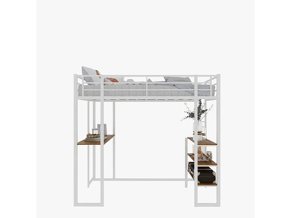 Lit mezzanine 90x190 avec lit table enfants adolescents bureau L garde-corps escalier accès deux côtés blanc