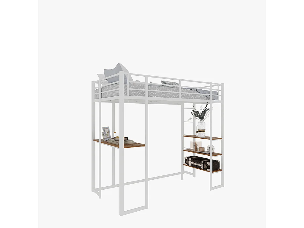 Lit mezzanine 90x190 avec lit table enfants adolescents bureau L garde-corps escalier accès deux côtés blanc