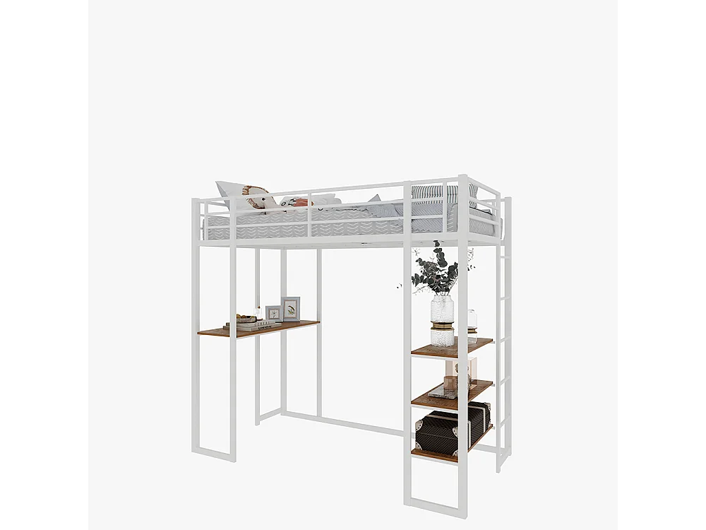 Lit mezzanine 90x190 avec lit table enfants adolescents bureau L garde-corps escalier accès deux côtés blanc