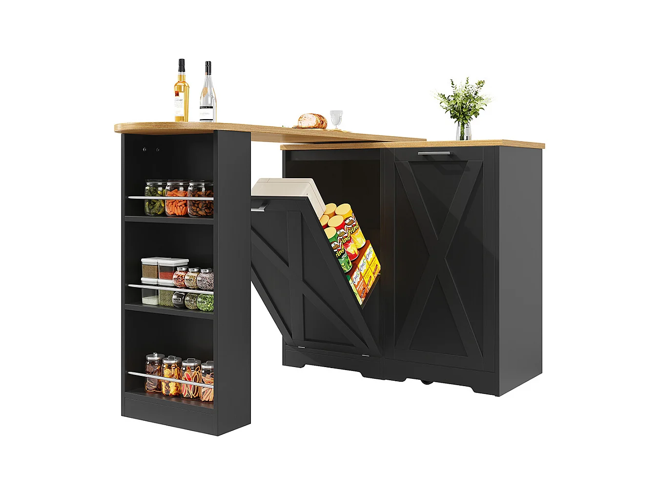 Buffet de cuisine comptoir pivotant 360° multifonctionnel étagères latérales porte rabattable noir