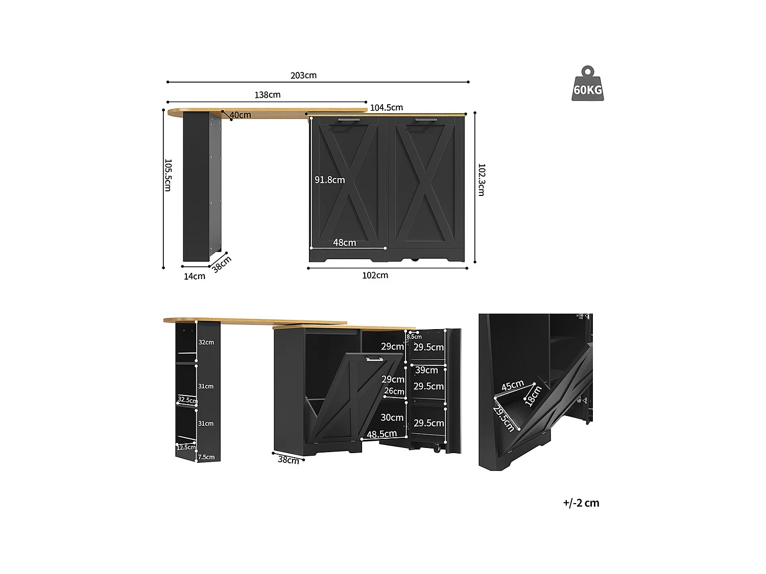 Buffet de cuisine comptoir pivotant 360° multifonctionnel étagères latérales porte rabattable noir