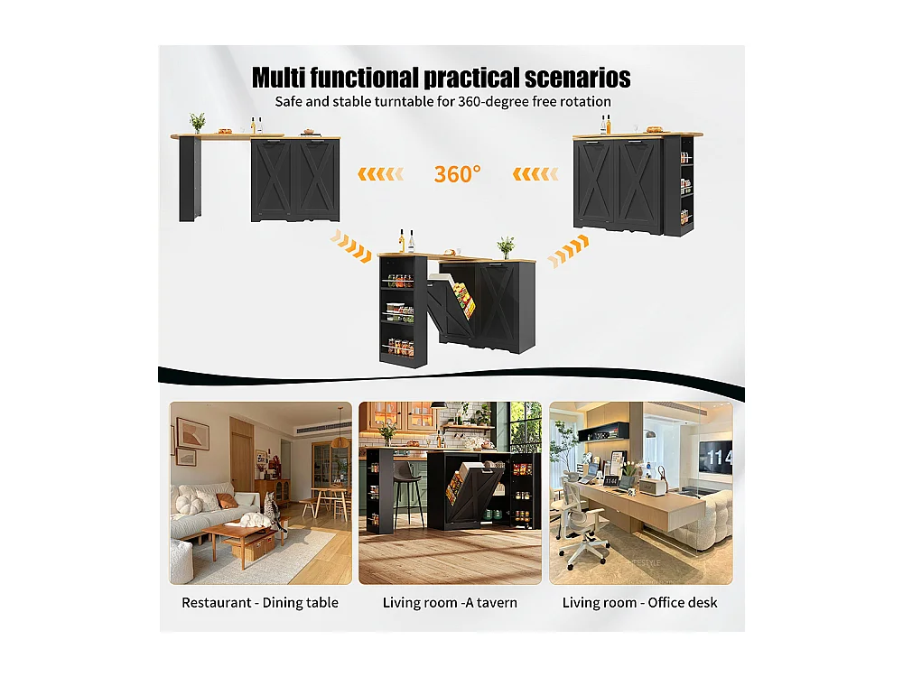 Buffet de cuisine comptoir pivotant 360° multifonctionnel étagères latérales porte rabattable noir