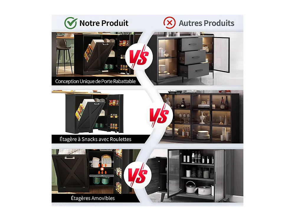 Buffet de cuisine comptoir pivotant 360° multifonctionnel étagères latérales porte rabattable noir