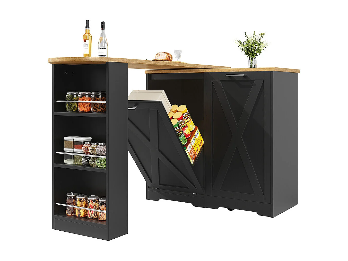 Buffet de cuisine comptoir pivotant 360° multifonctionnel étagères latérales porte rabattable noir