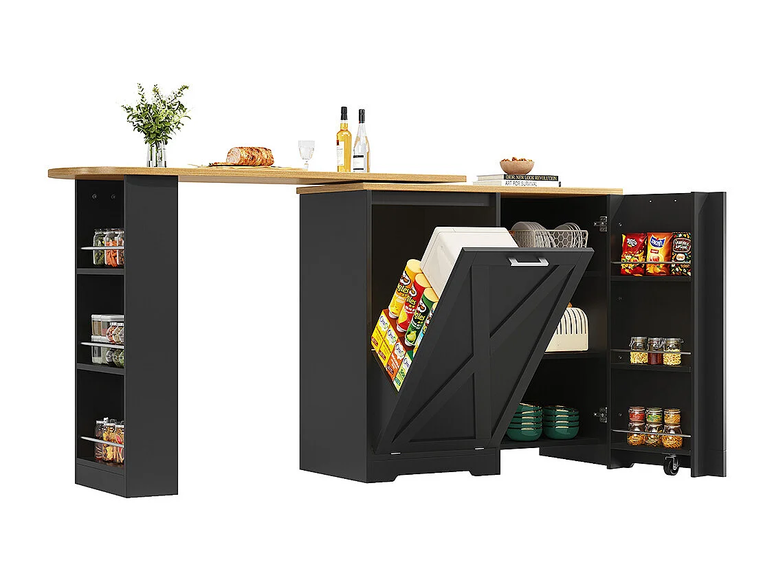 Buffet de cuisine comptoir pivotant 360° multifonctionnel étagères latérales porte rabattable noir