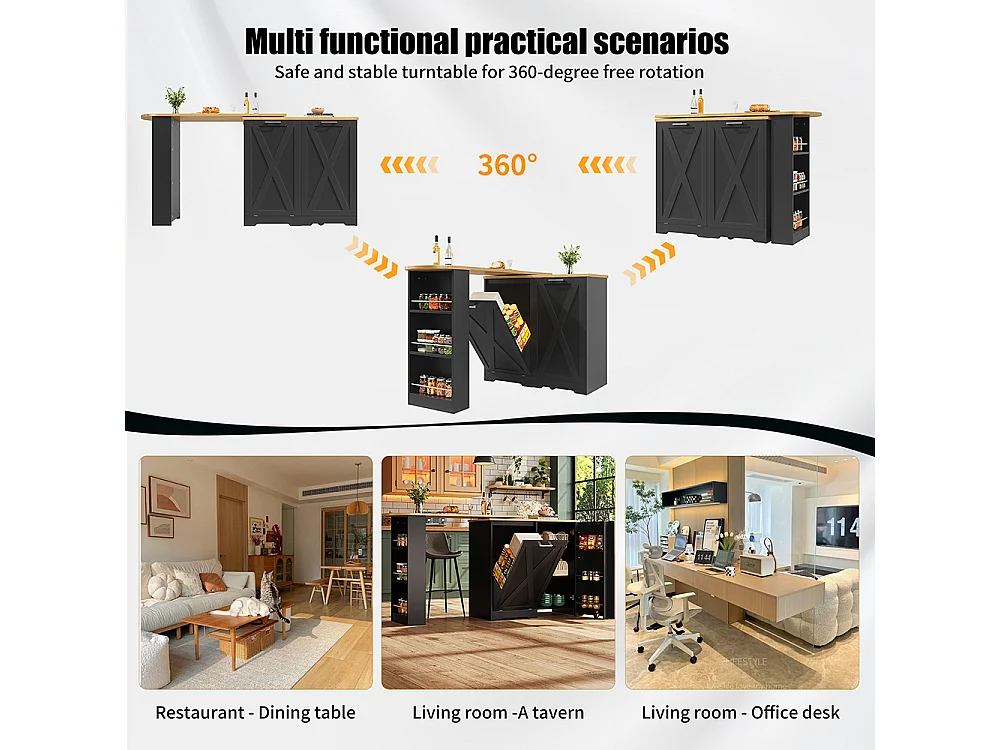 Buffet de cuisine comptoir pivotant 360° multifonctionnel étagères latérales porte rabattable noir